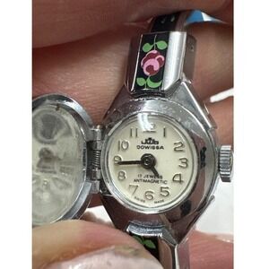 Dowissa Swiss Secret 1950's Watch  17J Mechanical, Enamel Floral Flip-Top Bangle